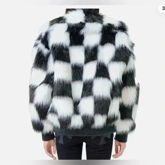 SMFK Chessboard Faux Fur Bomber Jacket - Picture 2 of 13